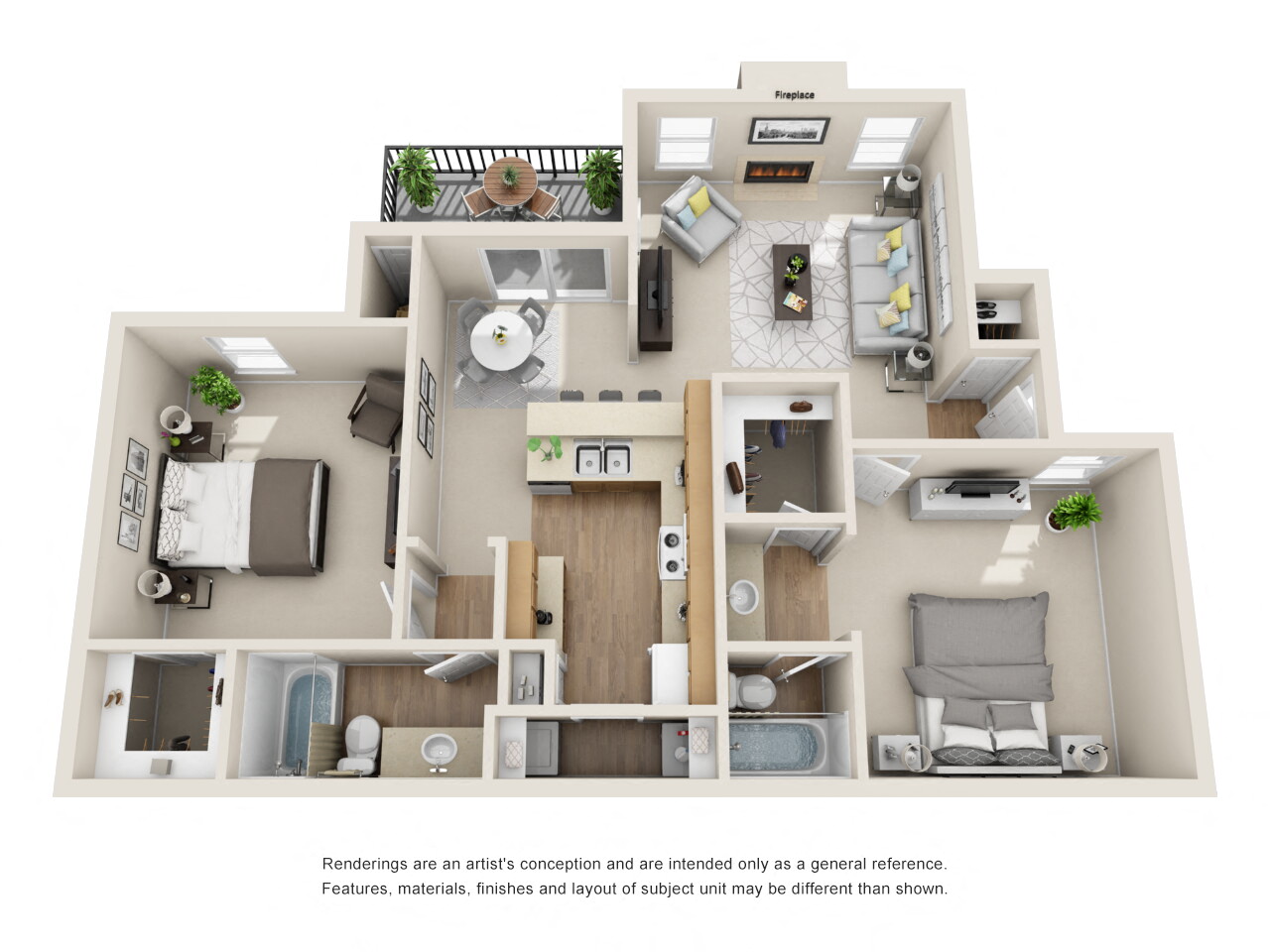 Floor plan for 2 beds, 2 baths, 1000 sqft